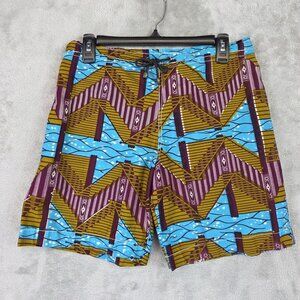 Malume Shorts Mens Medium Multicolor Tribal Print Bermuda Elastic Waist 8 Inseam